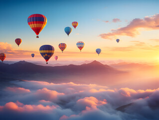 Fototapeta premium Hot air balloons of various colors floating in the sky during a clear morning 