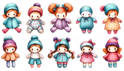 Obraz premium Cute watercolor illustrated dolls in colorful winter outfits, conceptually related to holiday gifting, Christmas, and childrens toys; featuring Caucasian styled characters
