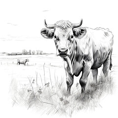 A bull cow is sown in a meadow in a field graphic black and white drawing on a transparent white background PNG. Black contour sketch with watercolor.