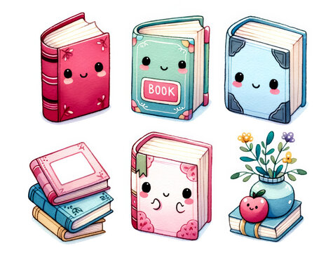 Adorable kawaii-style books with cute faces, perfect for back-to-school themes, promoting literacy, and celebrating Read Across America Day