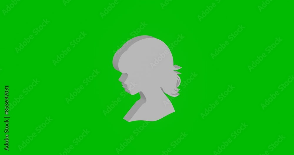 Poster animation of rotation of a white woman face profile symbol with shadow. simple and complex rotation.