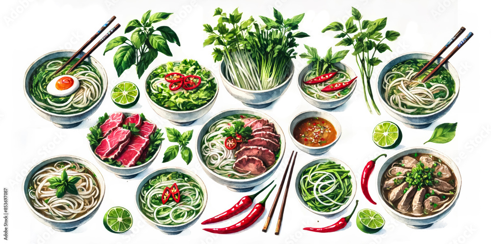 Wall mural A vibrant display of various Vietnamese pho bowls with fresh herbs, meats, and spices, ideal for celebrating Lunar New Year or highlighting Asian cultural cuisine - Wall murals