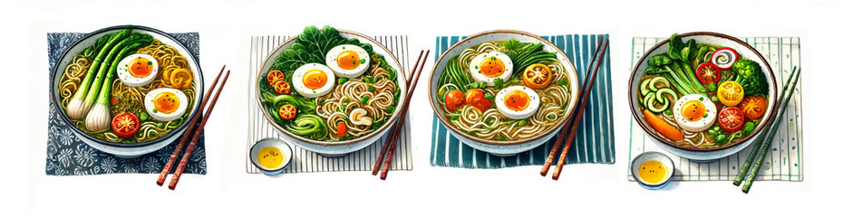Set of ramen isolated on white background