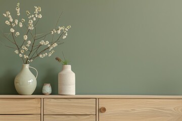 Minimalist interior with sage green wall and light wood furniture decorated with vases