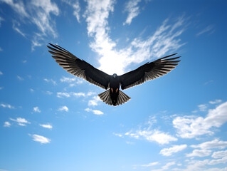 Fototapeta premium A lone bird soaring high against a vast expanse of a clear, bright blue sky 