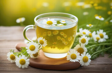Chamomile herbal summer tea on wooden table in chamomile field. Healthy healing drink