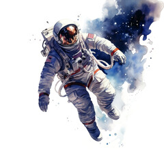 Portrait of an astronaut in outer space in a uniform in a spacesuit in watercolor on a transparent white background PNG. Cosmonautics day galaxy universe