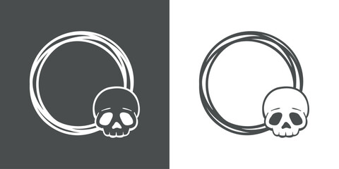 Símbolo pirata. Logo de calavera humana en marco circular con líneas para invitaciones y tarjetas de Halloween © teracreonte