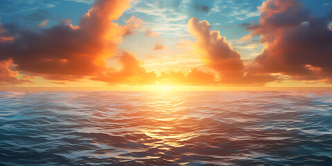 Fototapeta premium A vibrant sunrise with rays of light breaking through scattered clouds over a calm ocean