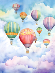 Fototapeta premium Watercolor illustration of hot air balloons of various colors floating in the sky 