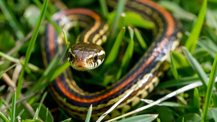 A detailed view of a garter snake enjoying the peaceful and bright environment of a summer garden.






