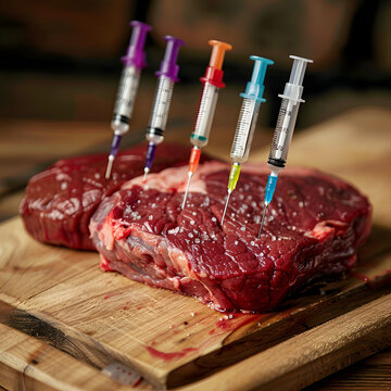 Carne cruda con jeringuillas inyectando hormonas y antibi&oacute;ticos, concepto.