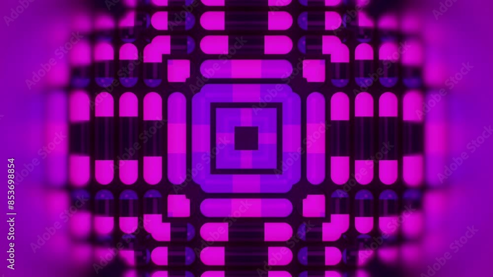 Leinwandbilder Bright symmetrical pattern consisting of simple cylindrical figures with pink-purple neon gradient floating on a dark surface. Digital seamless loop animation. 3d rendering. 4K, Ultra HD resolution