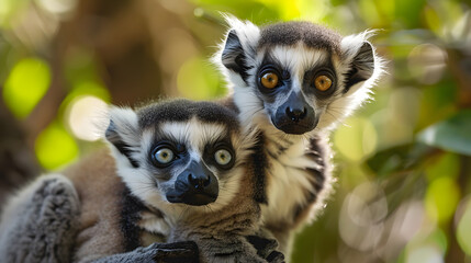 Fototapeta premium A Madagascar scene with exotic flora and fauna, including lemurs and baobab trees, emphasizing the island's biodiversity.