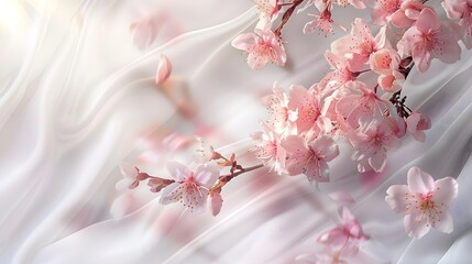 Fototapeta premium Romantic Sakura Banner A delicate pink sakura branch with blossoms cascading onto a white silk banner, sunlight filtering through the petals Focus on the banners texture and the soft light