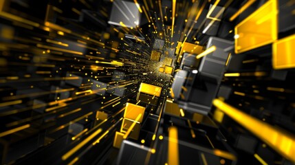 Abstract digital network featuring black and yellow glowing cubes and lines. high-tech design creates a futuristic, dynamic visual with depth and motion, enhanced by bright yellow highlights