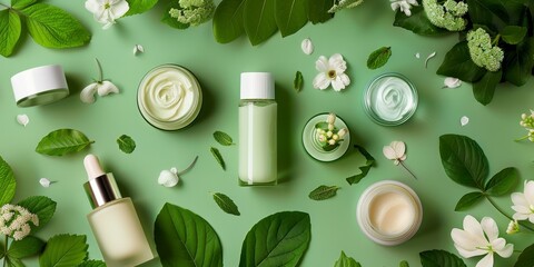 A collection of beauty products are displayed on a green background