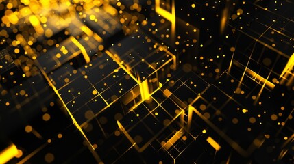 Abstract yellow grid background with glowing cubes and bright particles in a dynamic pattern