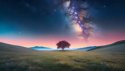 a starry night sky above a vast meadow, illuminated by the soft glow of the Milky Way.