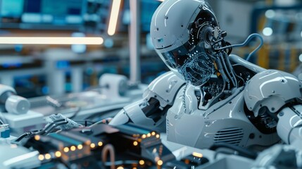 Fototapeta premium Advanced humanoid robot with a sleek white exterior working in a high-tech laboratory. The robot features intricate wiring and mechanical components, robotics technology and innovation