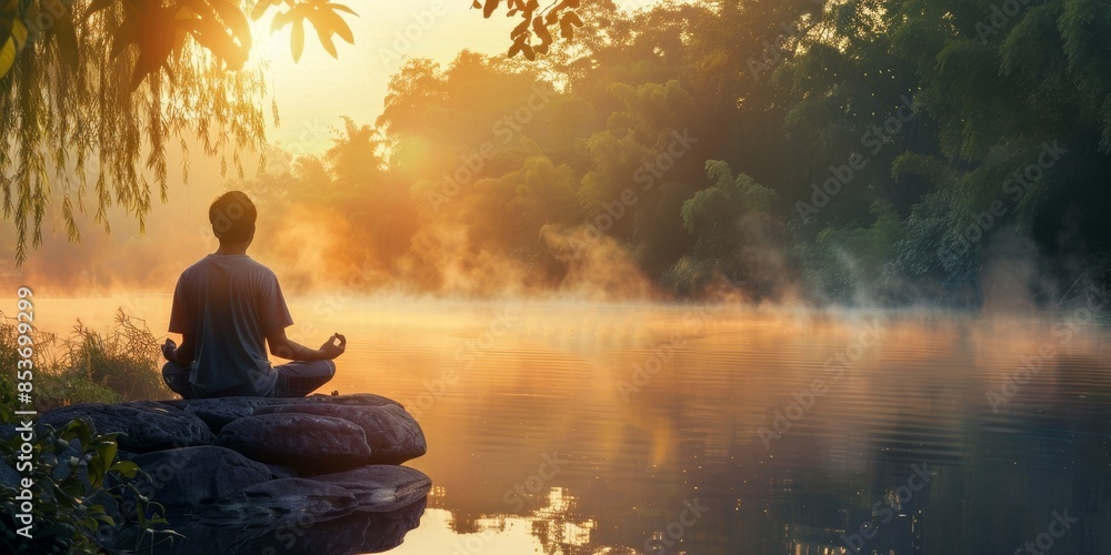 Wall mural A man is sitting on a rock by a lake, looking out at the water