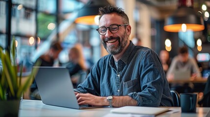 Obraz premium Smiling man in late thirties with glasses and short beard working on laptop at office desk, surrounded by busy modern open space environment, captured with wide angle lens