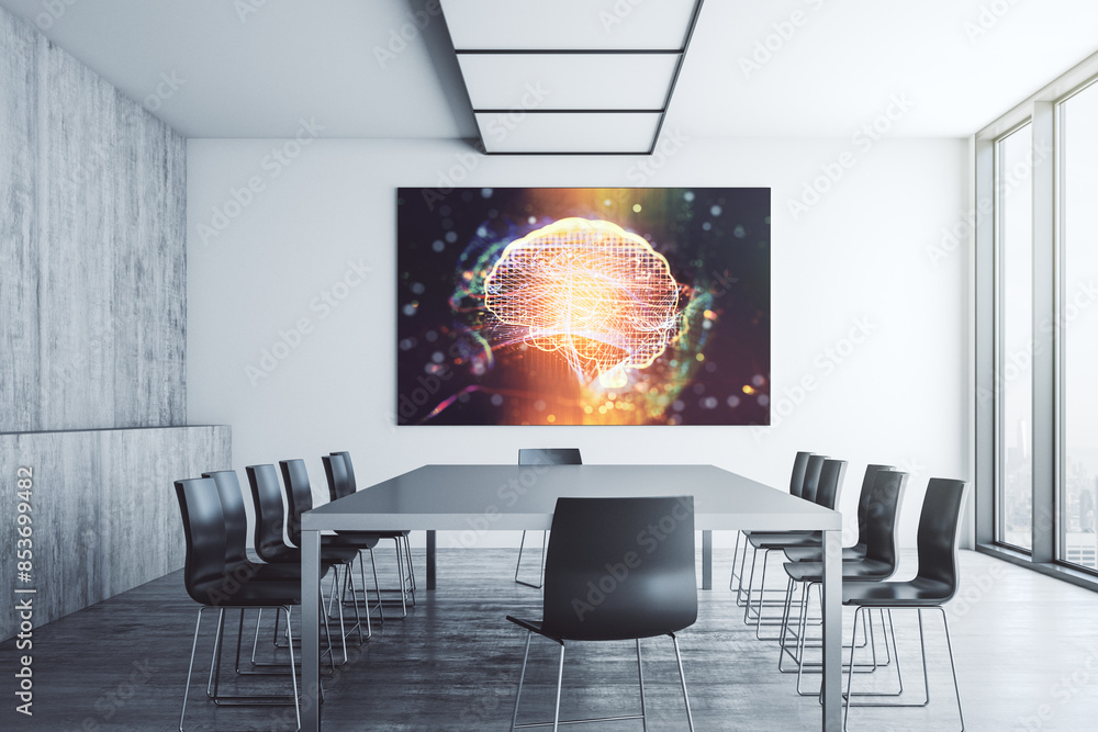 Poster creative artificial intelligence symbol on presentation tv screen in a modern meeting room. neural n