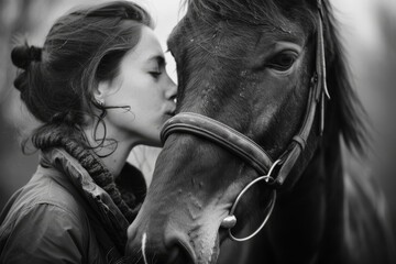 A black and white portrait capturing a tender moment between a woman and her horse. The woman gently kisses the horse face, showcasing the deep bond and affection between them in a timeless