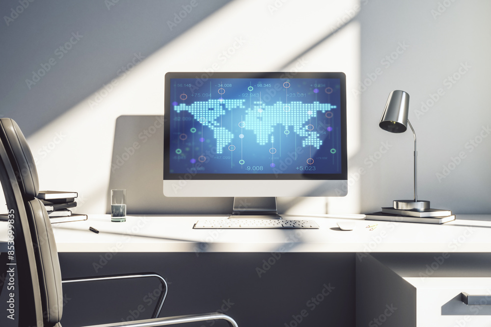 Poster abstract creative world map on modern laptop screen, international trading concept. 3d rendering