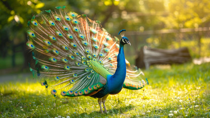 Obraz premium A serene scene of a peacock in full display, exuding grace and beauty in the bright, tropical environment.