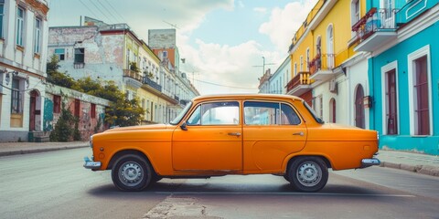 A vintage yellow car is parked on a city street