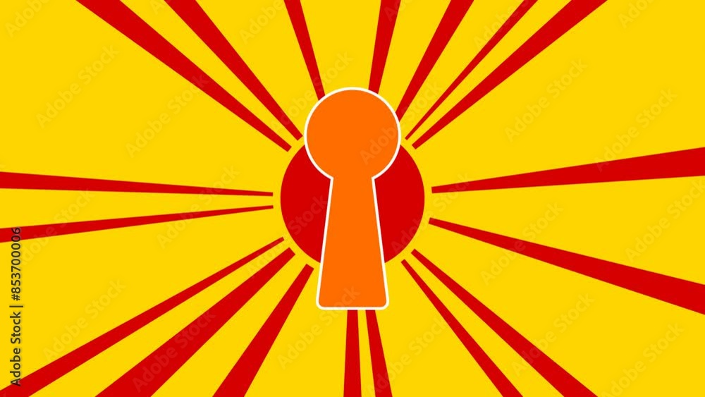 Poster keyhole symbol on the background of animation from moving rays of the sun. large orange symbol incre