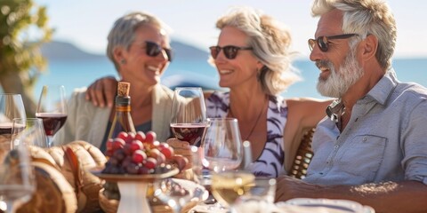 Three people are sitting at a table with wine glasses and a bottle of wine