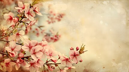 Fototapeta premium Vintage Sakura Banner A vintage, faded banner with a handpainted sakura branch and blossoms, using a soft, nostalgic color palette The background is a sepiatoned photograph of a Japanese garden