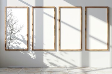 Minimalistic wooden frames on bright white wall with tree shadow