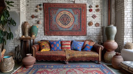 Bohemian Living Room with Colorful Textiles and Pottery Decor
