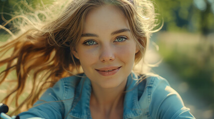 Fototapeta premium A young woman with flowing blonde hair and sparkling blue eyes captures a joyful selfie, her face lit by the golden sunlight filtering through lush greenery.