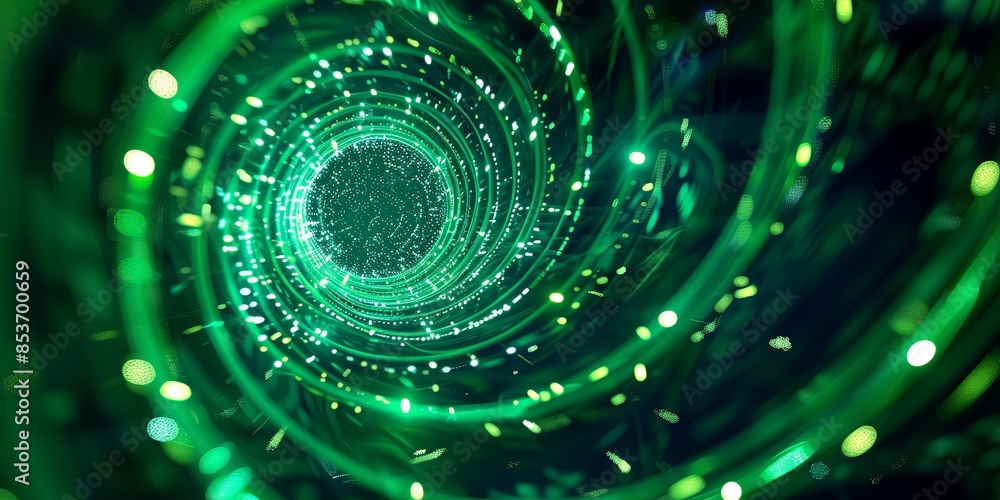 Wall mural abstract green glowing lines in spiral shape on black background, space tunnel concept with lights and bokeh effect.