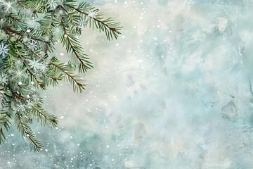 A whimsical winter scene featuring an evergreen branch adorned with snowflakes on a whimsical watercolor background.