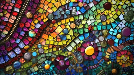 A vibrant and colorful stained glass mosaic background.