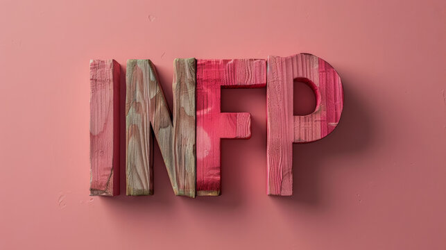pink letters "INFP" on simple background, with wooden texture
