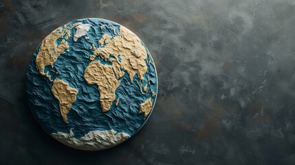 Top-down view of a roundtable designed as planet Earth, world map surface with precise details, vibrant and realistic depiction, an extraordinary artwork