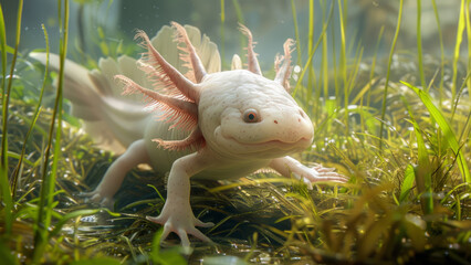 A unique axolotl swimming in its underwater habitat, surrounded by aquatic plants.
