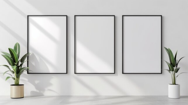 Trio of vertical mock-up posters against a white wall, minimalist interior style, bright and clean space, perfect for art or advertisement displays