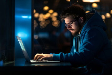 Man hacker working with laptop at night at home. Cyber security, cyber crime and hacking concept