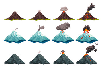 Volcano eruption stages. Volcanic mountain erupt animation, vulcano magma lava flowing down crater fire flame smoke ash cloud, natural disaster stage ingenious illustration © ssstocker