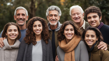 Happy multigenerational family portrait together outdoors, with grandparents, parents, and children