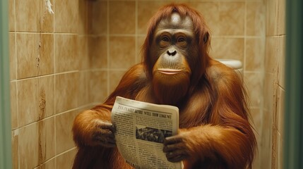 Orangutan Reading Newspaper on Toilet Humorous Animal Behavior in Bathroom.