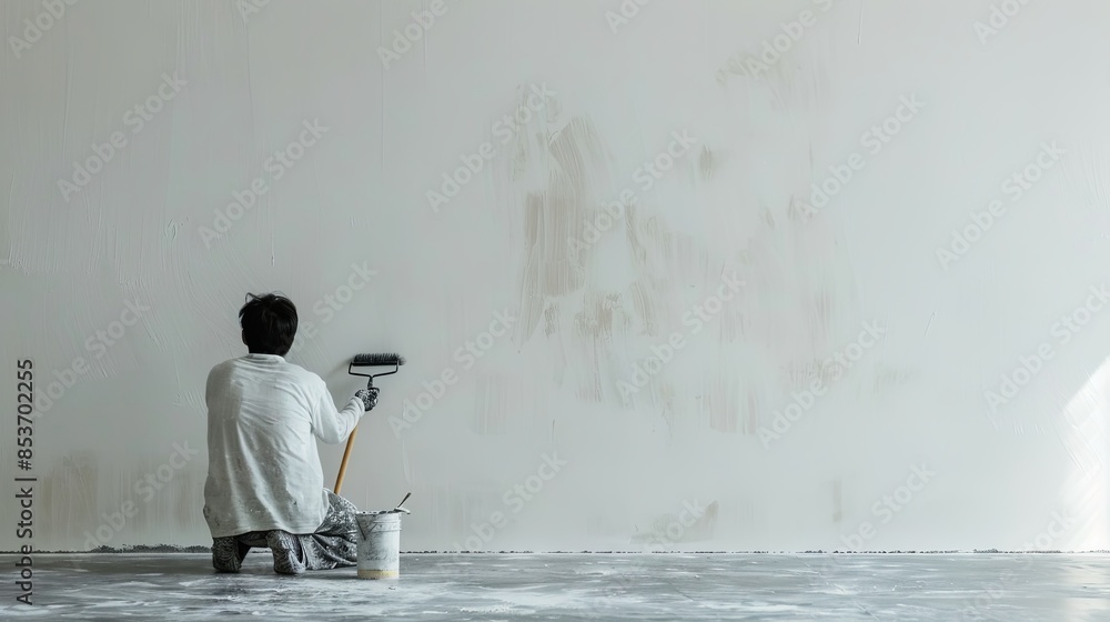 Poster a worker paints a white wall in an apartment using a roller brush. generative ai