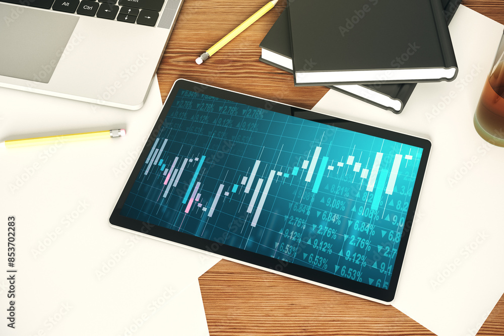 Aufkleber Digital tablet with abstract financial graph, finance and trading concept. Top view. 3D Rendering